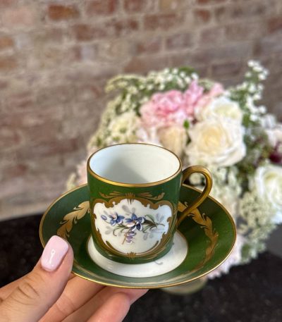 Antique Limoges porcelain espresso coffee cup and saucer with green enamel and gold gilt