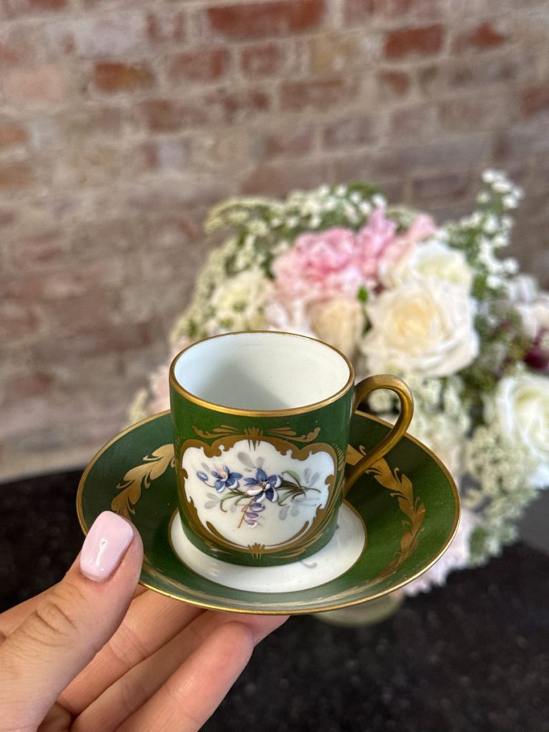Antique Limoges porcelain espresso coffee cup and saucer with green enamel and gold gilt