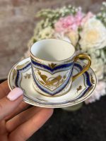 Antique Limoges porcelain coffee cup and saucer with cobalt blue borders and gold gilt motifs