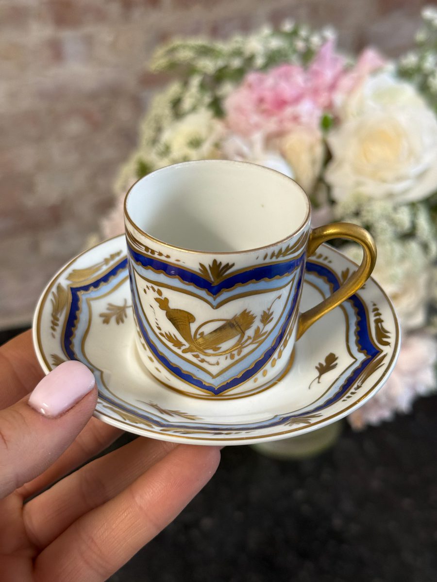 IMG_6559 Antique Limoges porcelain coffee cup and saucer with cobalt blue borders and gold gilt motifs