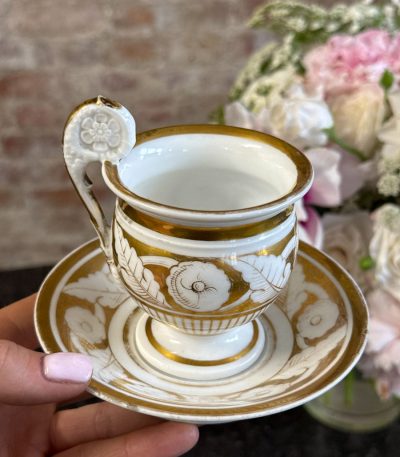 antique vieux paris porcelain cup and saucer white with gold floral decor