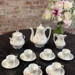 antique french porcelain tea coffee service with pink roses aux lions de faience paris