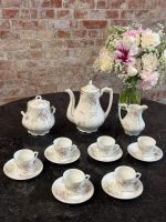 antique french porcelain tea coffee service with pink roses aux lions de faience paris