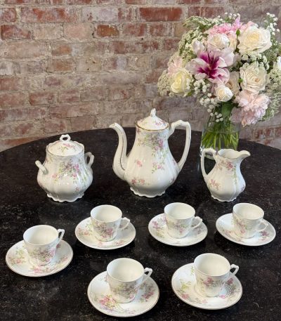 antique french porcelain tea coffee service with pink roses aux lions de faience paris