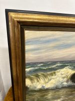 Dinamiska un Monumentāla 1923. Gada Jūras Ainavas Glezna Zelta Rāmī (antique framed maritime sea waves oil painting) — Marīnas un reālisma žanrā, (4881) - Image 6