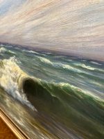 Dinamiska un Monumentāla 1923. Gada Jūras Ainavas Glezna Zelta Rāmī (antique framed maritime sea waves oil painting) — Marīnas un reālisma žanrā, (4881) - Image 3