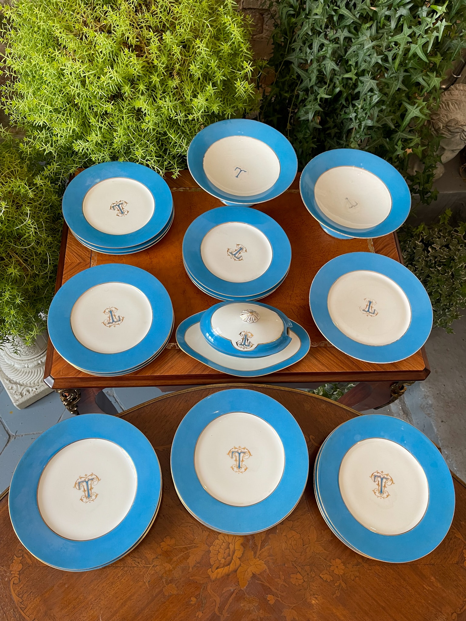IMG_6645 antique french porcelain dessert service blue border gold monogram v etienne paris