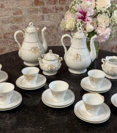Porcelain tea and coffee set for 7 persons white with gold accents historicist style