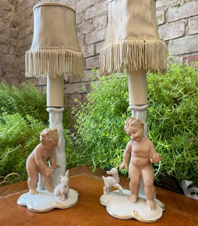 Porcelænsbordlamper med figurer af engel og får, Bavaria (2797)