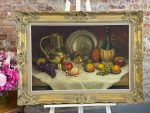 signed Belgian still life oil painting with brass jug and fruit