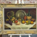 signed Belgian still life oil painting with brass jug and fruit