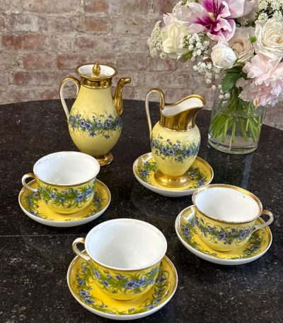 antique yellow vieux paris porcelain tea set with blue cornflowers