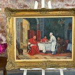 Late 19th-century clerical genre painting by Em. Janssens in an ornate gilded frame