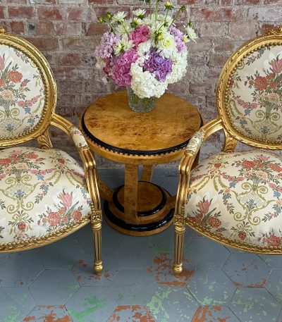 antique gilded armchairs with floral upholstery duo