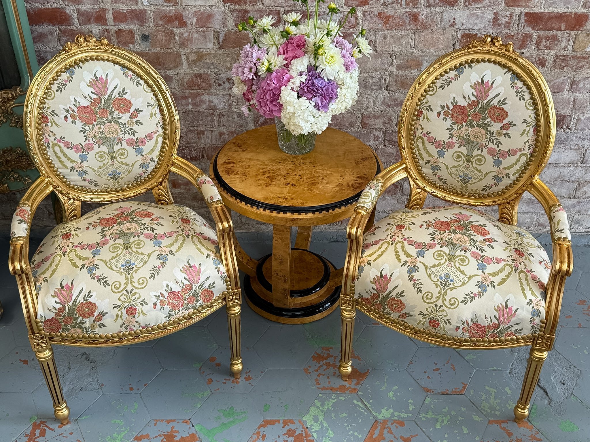 IMG_6841 antique gilded armchairs with floral upholstery duo