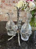 Antique glass cruet set with Britannia metal stand in art nouveau style