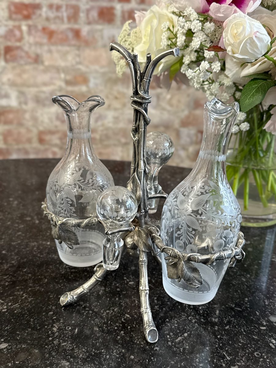 IMG_6857 Antique glass cruet set with Britannia metal stand in art nouveau style