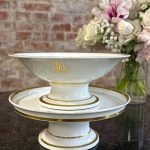 antique two tier porcelain compote dish with gold monogram