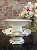 antique two tier porcelain compote dish with gold monogram