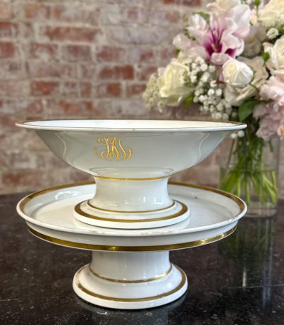 antique two tier porcelain compote dish with gold monogram