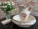 antique franz anton mehlem bonn germany wash set nymphaea red transferware