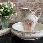 antique franz anton mehlem bonn germany wash set nymphaea red transferware