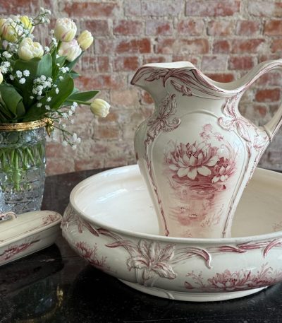 antique franz anton mehlem bonn germany wash set nymphaea red transferware