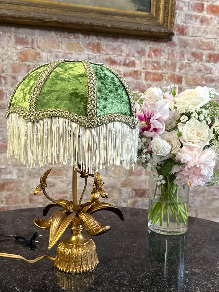 IMG_6916 Antique style gilt metal table lamp with green velvet shade and floral base