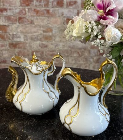 antique vieux paris porcelain set white and gold coffee pot and creamer