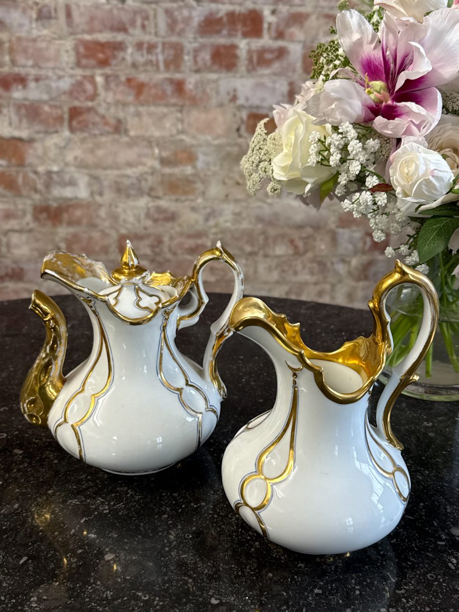IMG_6933 antique vieux paris porcelain set white and gold coffee pot and creamer