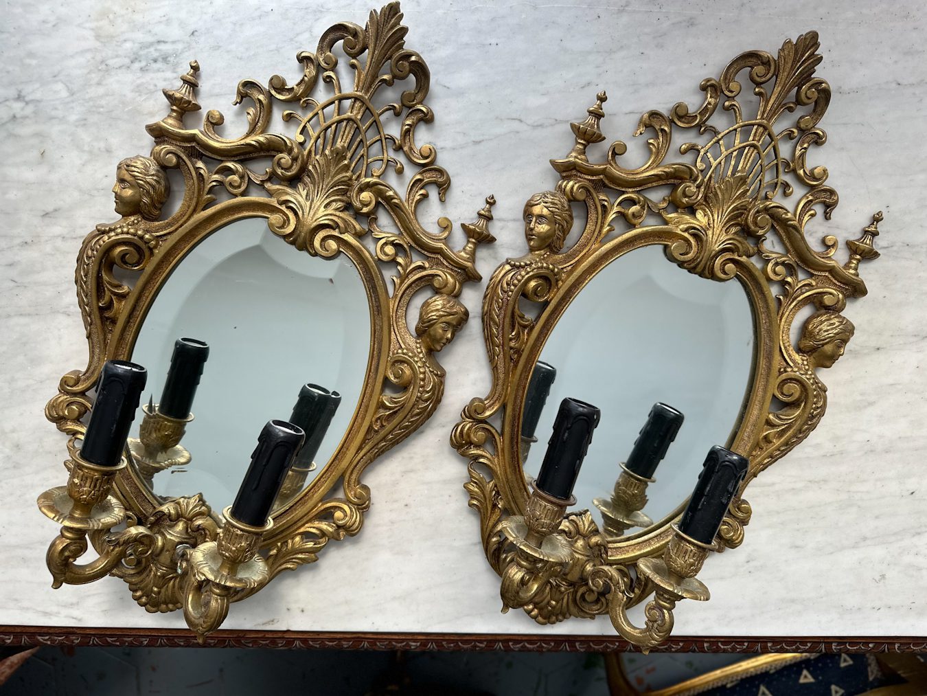 IMG_7089 Pair of heavy gilt rococo mirrored wall sconces with beveled glass and female busts