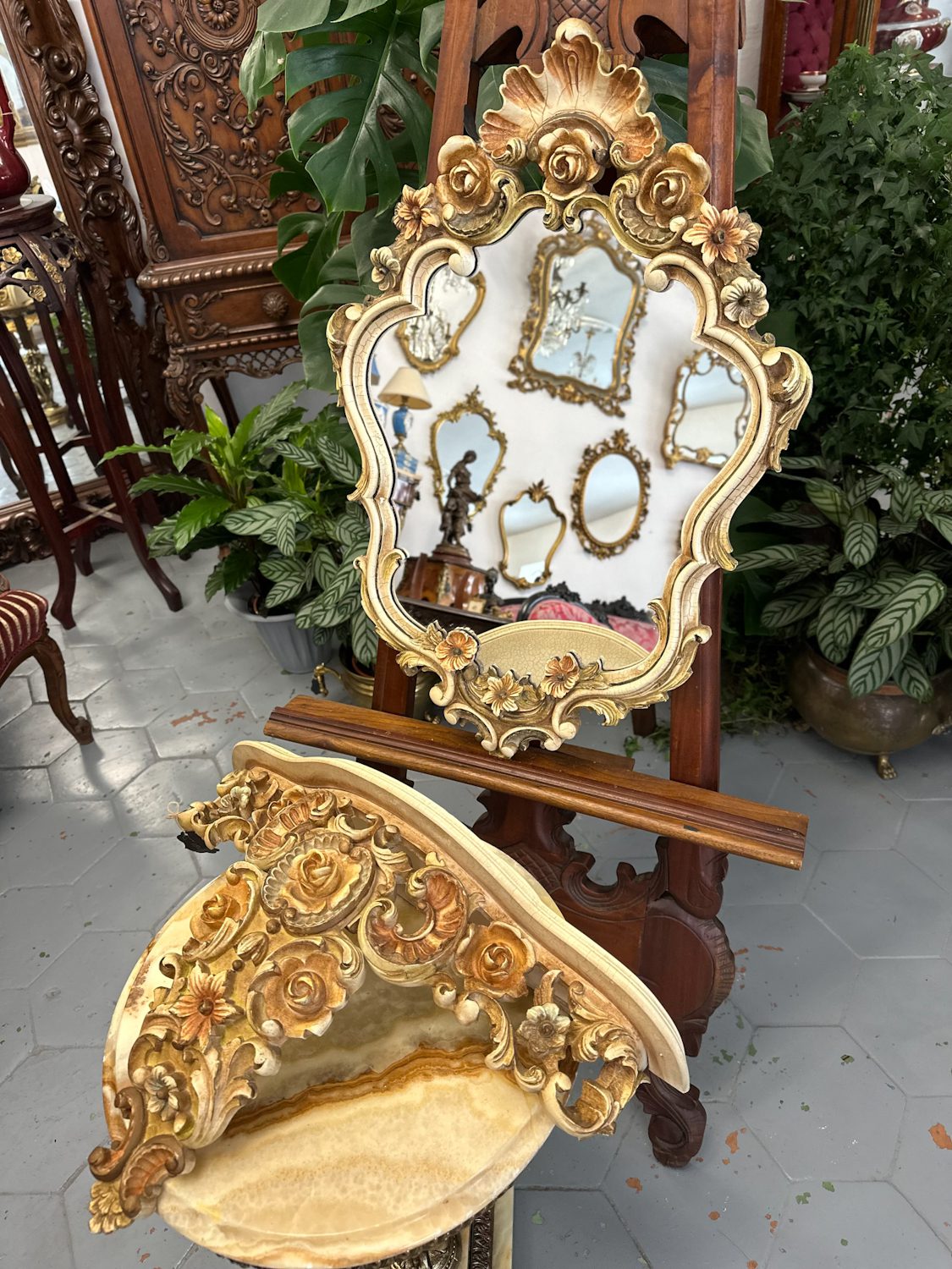IMG_7132 Elegant rococo revival mirror and console table with ornate floral frame