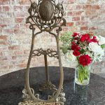 Large art nouveau table easel made of metal with iris flowers and female profile