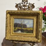 small antique framed landscape oil painting on wood panel