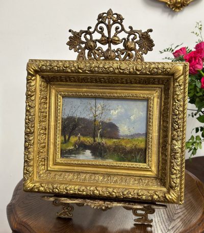 small antique framed landscape oil painting on wood panel