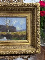 Smalka Antīka Ainavas Glezna uz Koka Masīvā Zelta Rāmī (antique framed landscape oil painting on wood) — Ainavu un reālisma žanrā, (5250) - Image 3