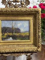 Smalka Antīka Ainavas Glezna uz Koka Masīvā Zelta Rāmī (antique framed landscape oil painting on wood) — Ainavu un reālisma žanrā, (5250) - Image 12