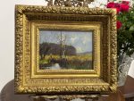 Smalka Antīka Ainavas Glezna uz Koka Masīvā Zelta Rāmī (antique framed landscape oil painting on wood) — Ainavu un reālisma žanrā, (5250) - Image 9