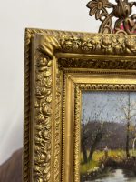 Smalka Antīka Ainavas Glezna uz Koka Masīvā Zelta Rāmī (antique framed landscape oil painting on wood) — Ainavu un reālisma žanrā, (5250) - Image 4