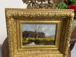 Smalka Antīka Ainavas Glezna uz Koka Masīvā Zelta Rāmī (antique framed landscape oil painting on wood) — Ainavu un reālisma žanrā, (5250) - Image 2