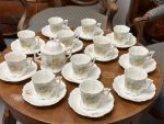 antique Carl Tielsch Altwasser silesian porcelain tea cups and saucers with delicate pink apple blossoms pattern for twelve persons