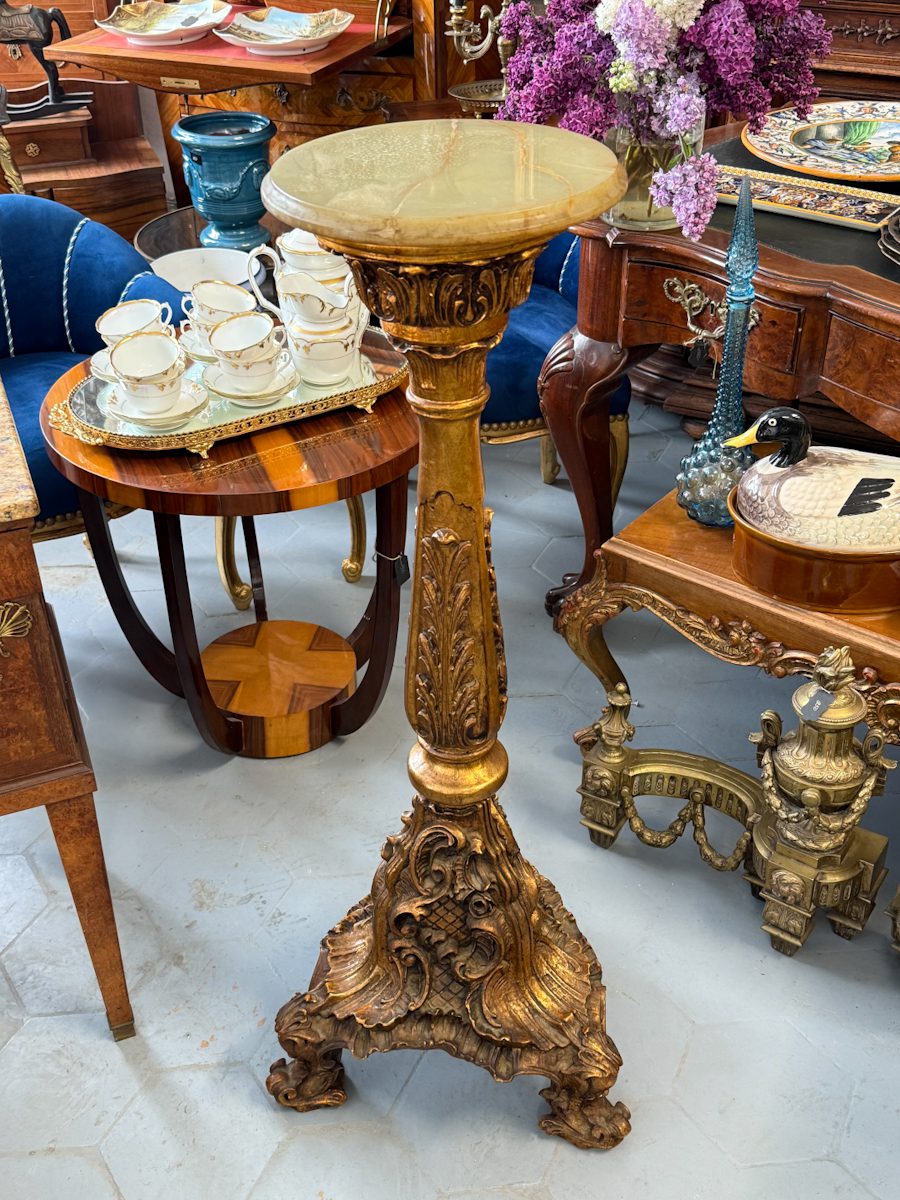 Ornate gold plant stand with green onyx top