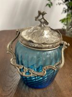 Antīks zila stikla cukurtrauks ar metāla apdari un rokturi — Jūgendstila ietekmē (antique blue glass biscuit jar) (5226) - Image 3