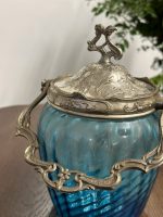 Antīks zila stikla cukurtrauks ar metāla apdari un rokturi — Jūgendstila ietekmē (antique blue glass biscuit jar) (5226) - Image 5