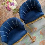 antique small gilded velvet armchairs pair