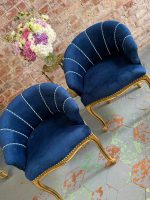 antique small gilded velvet armchairs pair
