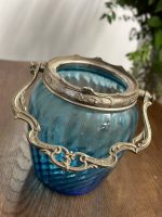 Antīks zila stikla cukurtrauks ar metāla apdari un rokturi — Jūgendstila ietekmē (antique blue glass biscuit jar) (5226) - Image 8