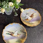 apgleznoti porcelāna šķīvji ar pīlēm un zelta krāsas maliņu, vidēja izmēra (6604)