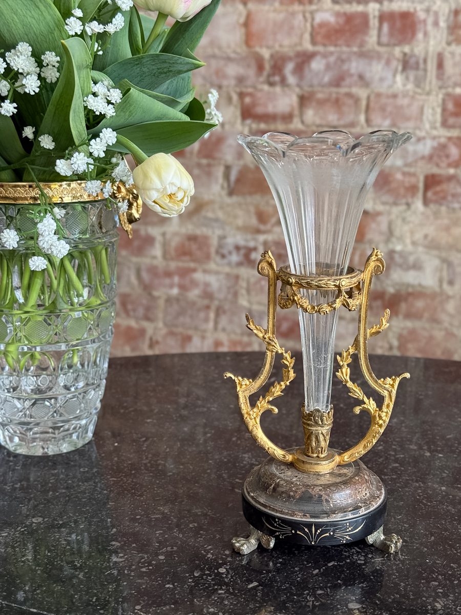 Antique French trumpet vase with clear fluted glass