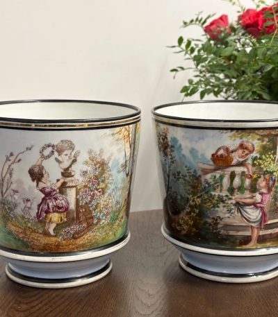 Malet Fransk Porcelæn Krukke, Mellem Str., 2 stk. (5234)